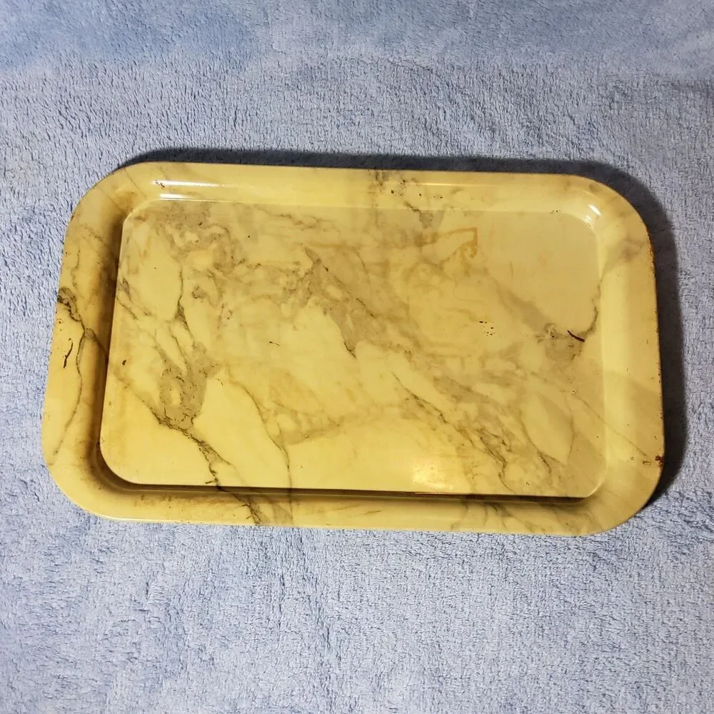 Vintage Serving Trays Cafeteria Lunch Metal Lap TV Marbled Gray Gold 14.5